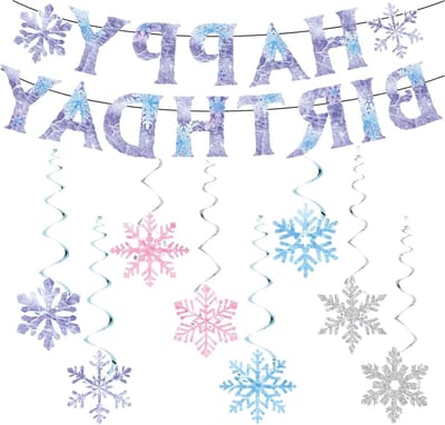 Winterse Sneeuwvlokken Verjaardagsslinger Set in Blauw, Paars, Roze en Zilver - Spiralen voor Feestdecoratie en Verjaardagsfeest Thema