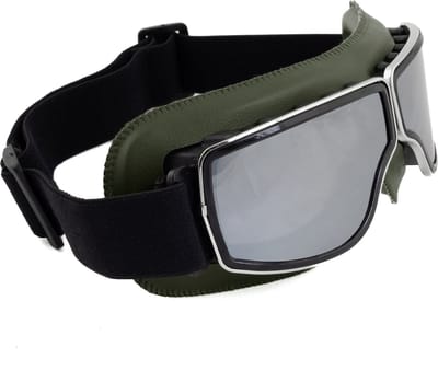 KIMU® Goggles Motorbril Skibril - Bril Groen Montuur - Zilveren Spiegelglazen - Leatherlook Pilotenbril Vintage Motor Retro Steampunk Lederen Heren Festival