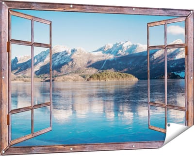 Gards Tuinposter Doorkijk Meer bij het Bergen Landschap in Noorwegen - 150x100 cm - Tuindoek - Tuindecoratie - Wanddecoratie buiten - Tuinschilderij