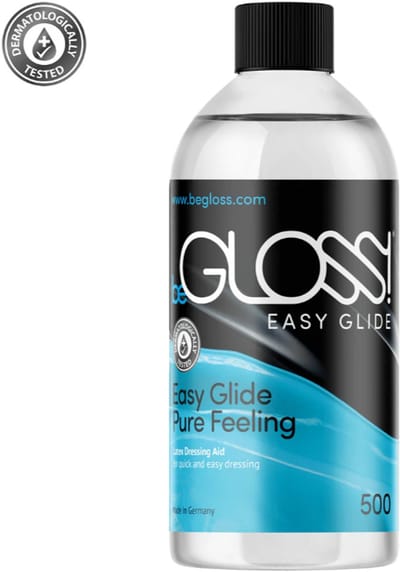 BeGLOSS - Latex - Easy Glide Dressing Aid - 500 ml. - rond fles met dop - om snel en makkelijk latex kleding en kousen aan te trekken.