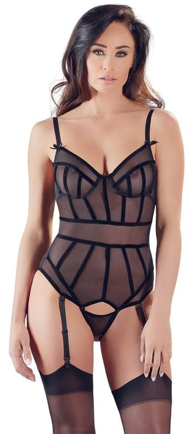 Cottelli Collection – Sexy Jarretel Body met Banden Motief voor een Erotisch Tintje – Maat 80B – Zwart
