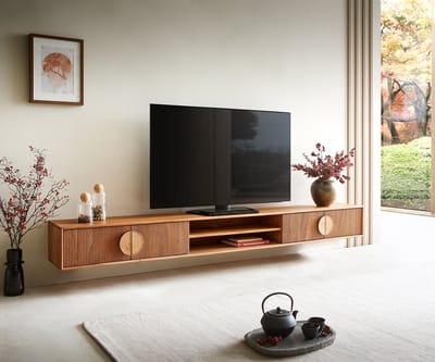 TV-meubel Surimu acacia lichtbruin 240 cm 4 deuren 2 planken kurkgreep zwevend Lowboard