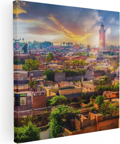 Artaza Canvas Schilderij Skyline Marokko - 30x30 cm - Klein - Wanddecoratie Zonsondergang - Muurdecoratie Stad - Kamer Accessoires Woonkamer
