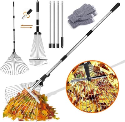 Verstelbare Tuinhark 22-44 cm met 2.15 m Metaalstang en Handschoenen, Bladhark voor Tuinonderhoud, Bladeren Verwijderen en Grondbewerking