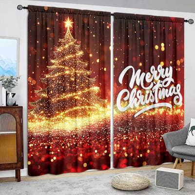 2 stuks Schitterend en Gloeiend Kerstboom Bedrukt Gordijn voor Huisdecoratie - Tunnel voor Roede Raambekleding voor Slaapkamer, Kantoor 52.5cmX116cm X 2pcs brown