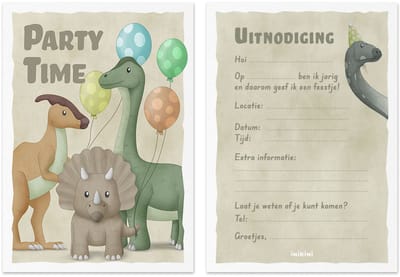 inikini - Uitnodigingskaarten Kinderfeestje Dino - Dinosaurus - 8 Invulkaarten A6 - Verjaardag