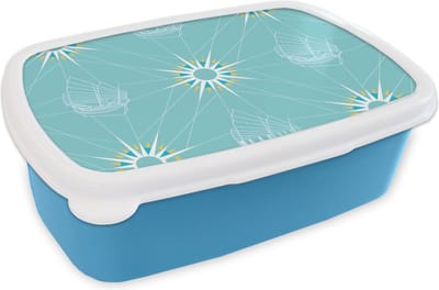 Broodtrommel Blauw - Lunchbox - Brooddoos - Kompas - Zeilen - Boot - Patronen - 18x12x6 cm - Kinderen - Jongen