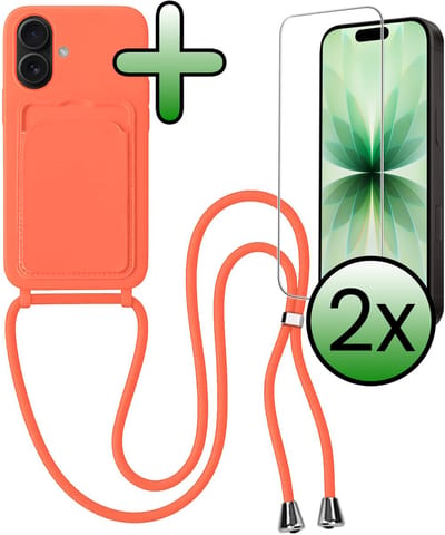 Hoes Geschikt voor iPhone 17 Hoesje Pas Houder Case Hoes Met Koord Met 2x Screenprotector - Hoesje Geschikt voor iPhone 17 Hoes Met Telefoonkoord Pasjeshouder Cover - Papaya