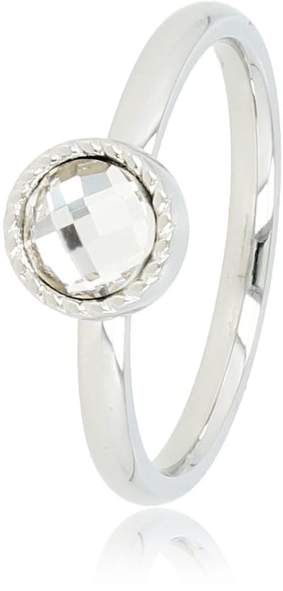 My Bendel - Zilverkleurige Ring met Kristal Glassteen - Ring met Ronde Glassteen & Getwist Randje • Kristal • Zilverkleurig - met Luxe Cadeauverpakking | Sieraden Voor Dames | Maat 16.00 Mm / Maat 50