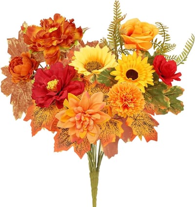 35 cm Kunstmatige Herfstbloemen voor Binnen - Herfstboeket met Zonnebloemen en Rozen voor Verjaardagen, Halloween, Trouwen en Tafelversieringen - Set van 3