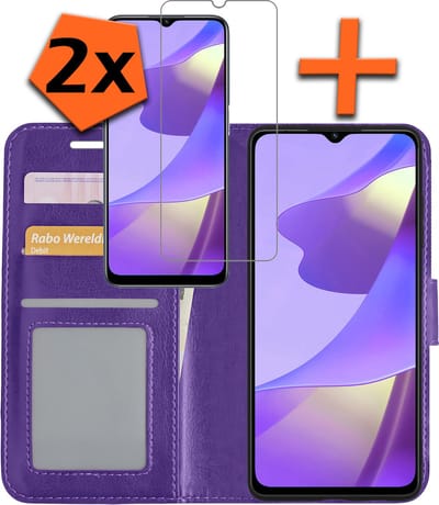 Hoes - Met 2x Screenprotector - Geschikt voor OPPO A16 - Luxe Pasjeshouder - Bookcase Portemonee - Flip Case - Kunstleer Book Case - Flipcase Hoes - Book Cover - Walletcase - PortemonneeHoes - Paars