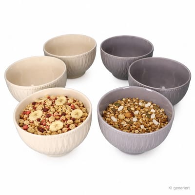 Set van 6 BIKO-mueslischalen van 650 ml, elk 3x in de kleuren vanille en grijs, van keramiek – 12153