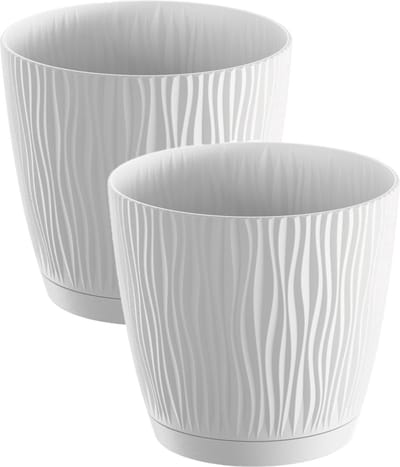 Prosperplast Plantenpot/bloempot Waves - 2x stuks - kunststof - wit - D28 x H26 cm - binnen/buiten - met opvangschaal