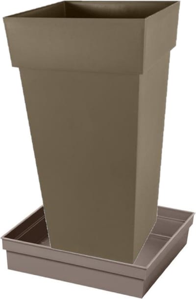 Bloempot Toscane vierkant kunststof taupe L43 x B43 x H80 cm met onderschaal L33 x B33 x H5 cm - Bloempotten/plantenpotten set