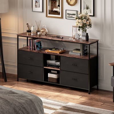 TV-Meubel, LED TV-Meubel, Hoog TV-Meubel met Opbergruimte, Verstelbare Planken, 4 Stoffen Lades, Geïntegreerde Opbergoplossingen, Geoptimaliseerde Kijkervaring, Verbeterde Esthetiek (Zwart, 137 cm)