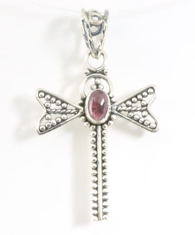 Zilveren libelle hanger met granaat