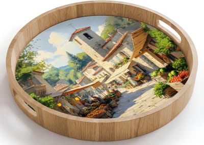 Dienblad rond 40x40 cm - Schootdienblad hout - Dorp - Zon - Kraampjes - Huizen - Borrelplank rechthoek - Plateau houten dienbladen