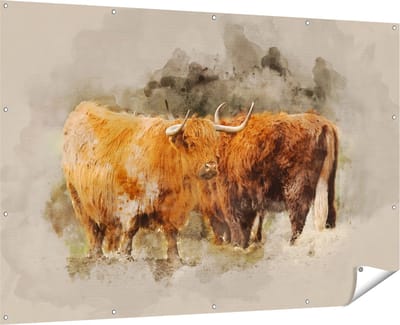 Gards Tuinposter Twee Schotse Hooglander Koeien - Abstract - 180x120 cm - Tuindoek - Tuindecoratie - Wanddecoratie buiten - Tuinschilderij