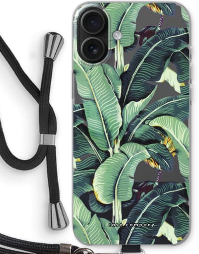 Case Company® - Hoesje met koord geschikt voor iPhone 16 Plus hoesje met Koord - Bananenbladeren - Telefoonhoesje met Zwart Koord - Bescherming aan alle Kanten en Over de Schermrand