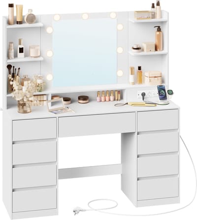 VASAGLE - Kaptafel - Make up Tafel - Kaptafel met Spiegel en Verlichting - 9 Lades - Oplaadstation