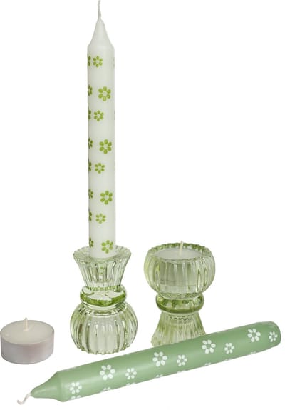 Comforder Cadeauset Glazen Kandelaar Gekleurd - Waxinelichthouders Set Incl. 2 Dinerkaarsen en 2 Waxinelichtjes - Groene Kaarsenstandaard
