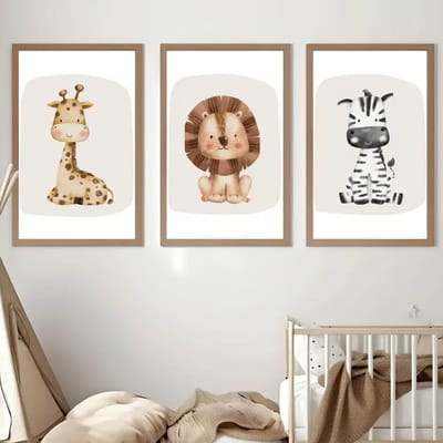 Set van 3 Canvas 'Giraffe, Leeuw & Zebra' - 30x40cm - zonder lijst - Canvas Posters - Babykamer - Kinderkamer - Leeuw - Zebra - Giraffe - Muur Decoratie - Jongen - Meisje - Cartoon Dieren