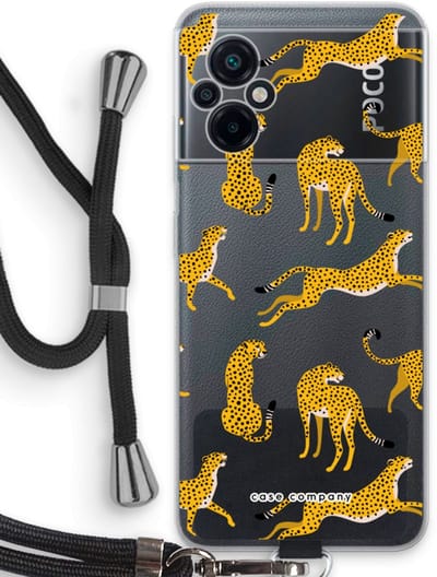 Case Company® - Hoesje met koord geschikt voor Xiaomi Poco M5 hoesje met Koord - Luipaard - Telefoonhoesje met Zwart Koord - Bescherming aan alle Kanten en Over de Schermrand
