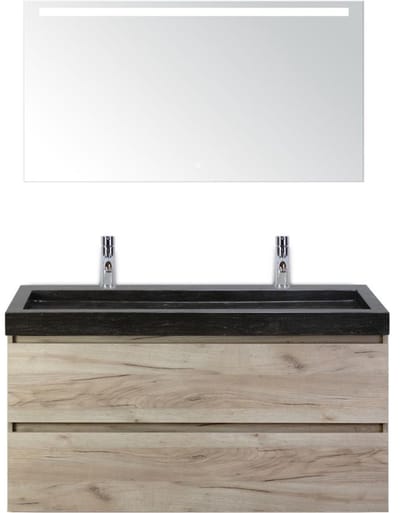 Maxx XL Badmeubelset 120 cm - Craft Oak - Wastafel Lucca Enkel 2 Kraangaten met LED Spiegel