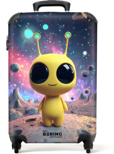 NoBoringSuitcases.com - Koffer - Gele alien op een planeet - Past binnen 55x40x20 cm en 55x35x25 cm - Trolley handbagage - Valiezen met wieltjes volwassenen - Reiskoffer op wielen - Rolkoffer lichtgewicht
