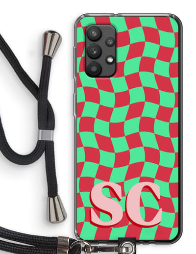 Gepersonaliseerd - Case Company® - Hoesje met koord geschikt voor Samsung Galaxy A32 4G hoesje met Koord - Grid Monogram - Telefoonhoesje met Zwart Koord - Bescherming aan alle Kanten en Over de Schermrand