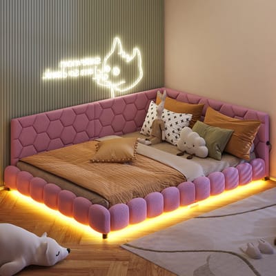 Slaapbank 140x200 Roze Teddy – Met RGB LED, USB & USB-C Oplader – Modern en Comfortabel