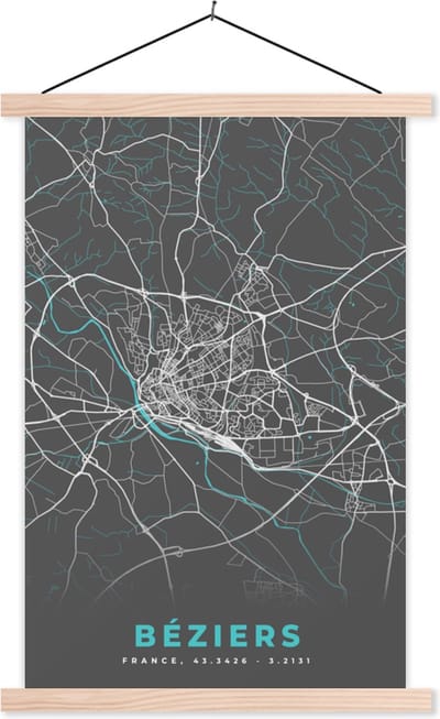 Posterhanger incl. Poster 40x60 cm - Schoolplaat - Béziers – Plattegrond – Frankrijk – Kaart – Stadskaart - Textielposter - Blanke latten - Stadskaart