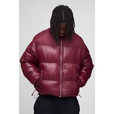 Boxy pasvorm Hoogglans Nylon Mix trechterkraag pufferjas | Burgundy | Size XS