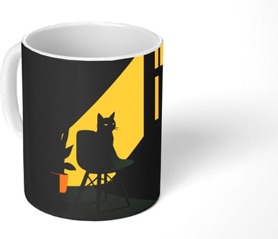 Mok - Koffiemok - Zwarte kat - Mysterieus - Gele instraal - Mokken - 350 ML - Beker - Koffiemokken - Theemok