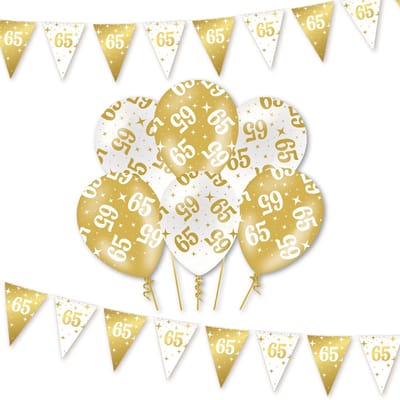 Q2P - 65 Jaar - Slingers - Ballonnen - Wit & Goud Set - Verjaardag Versiering - Helium Ballon