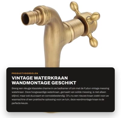 Dailygoods- Waterkraan Vintage - Wandmontage - Messing - Enkele Handgreep - Corrosiebestendig - Lengte 12,5 cm - Kraan
