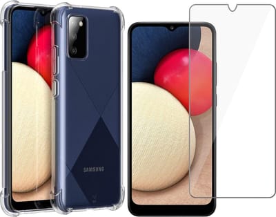 Hoesje geschikt voor Samsung Galaxy A02s - Anti Shock Proof Siliconen Back Cover Case Hoes Transparant - Tempered Glass Screenprotector