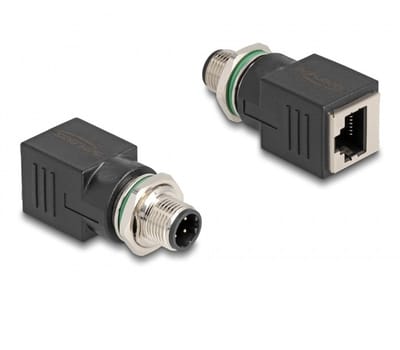 M12 4-pins D-gecodeerd (m) - RJ45 (v) industriële netwerkadapter | inbouw | CAT5e | PUR
