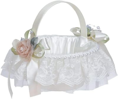 Bloemenmand Bruiloft - Bruidsmeisjes mand - Decoratief Gebruik - Kant en Stof Versiering - 18cm x 20cm - Melkwit