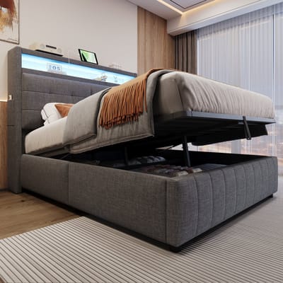 Gestoffeerd Bed - 140x200 cm - met LED, USB en Hydraulische Opbergruimte - Linnen - Grijs