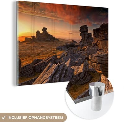 ® Glasschilderij 180x120 cm - Schilderij acrylglas - Het rotslandschap van het Nationaal park Dartmoor in Engeland - Foto op glas - Muurdecoratie woonkamer - Wanddecoratie slaapkamer - Schilderijen