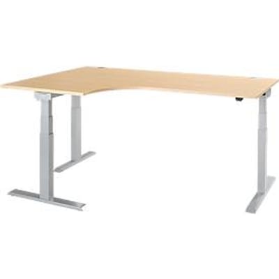 Hoekbureau ERGO-T 2.0 - elektrisch in hoogte verstelbaar - 90° hoek links - B 2000 x H 640-1300 mm - T voet blank alu - ahorn decor - ons merk Schäfer Shop Select