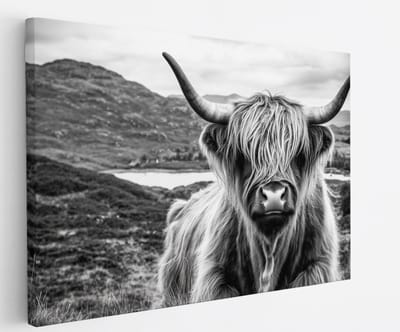 Saammp - Canvas Schilderij - Schotse Hooglander Koe - Zwart-Wit - Dieren - Landschap - 60x40 - Foto op canvas - Wanddecoratie - muurdecoratie Woonkamer - Slaapkamer decoratie - Canvas Print