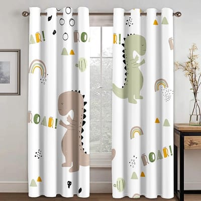 Cartoon Jongens Lieve Dinosaurus Gordijnen Kleurrijke Safari Wilde Dieren Grappig Dier Kind Dinosaurus Gordijnen voor Kinder Slaapkamer Woonkamer W60H60(CM)x2pcs&Rod Pocket white