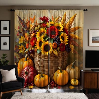 2 pièces de légumes et fruits de fête des récoltes HD maïs panier rideau Jaune cravate impression numérique rideau style décoration intérieure W52H63inchW132H160cm brown