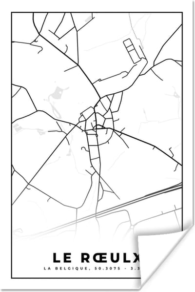 Poster Zwart Wit – België – Plattegrond – Stadskaart – Kaart – Le Rœulx - 120x180 cm XXL