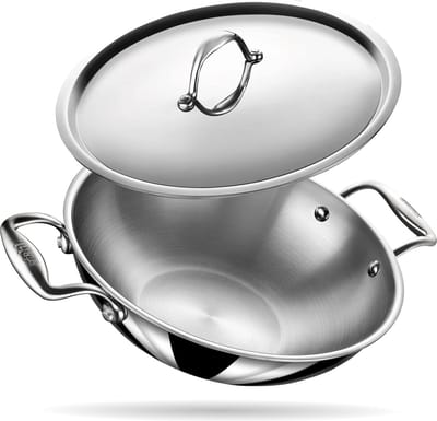 Stahl - Triply Wokpan - PFAS Vrij - Ø 28 cm - Met Deksel - Geschikt voor Inductie & Alle Warmtebronnen - Voor 5-6 Personen - Pan & Kookpan - RVS
