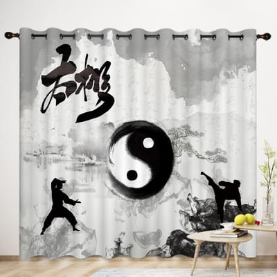 Rideau Huit Diagrammes Tai Chi Zen Chinois Cinq Éléments Feng shui Décoration de Porche Daoguan Salle Zen Fenêtre Sol-Plafond (W50cmxH130cm)x2&Grommet Top gray