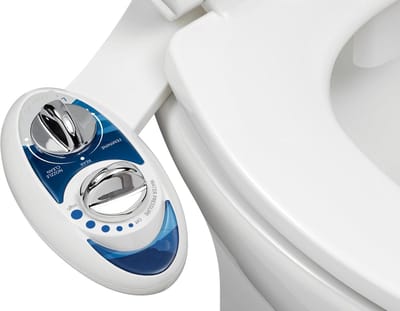 Famanu - Wit-blauw niet-elektrisch bidetopzetstuk met dubbel mondstuk en verstelbare waterdruk