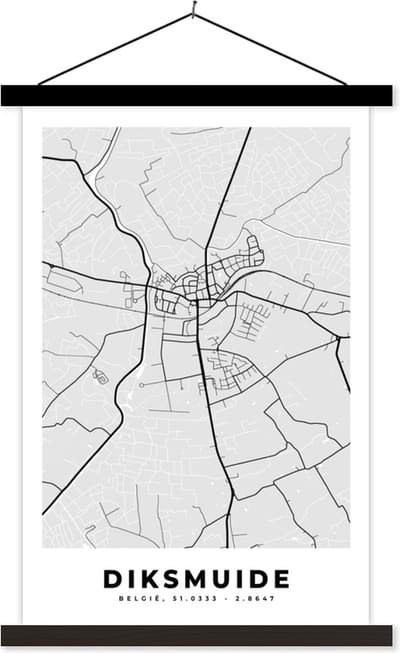 Posterhanger incl. Poster 40x60 cm - Schoolplaat - België – Diksmuide – Stadskaart – Kaart – Zwart Wit – Plattegrond - Textielposter - Zwarte latten - Stadskaart